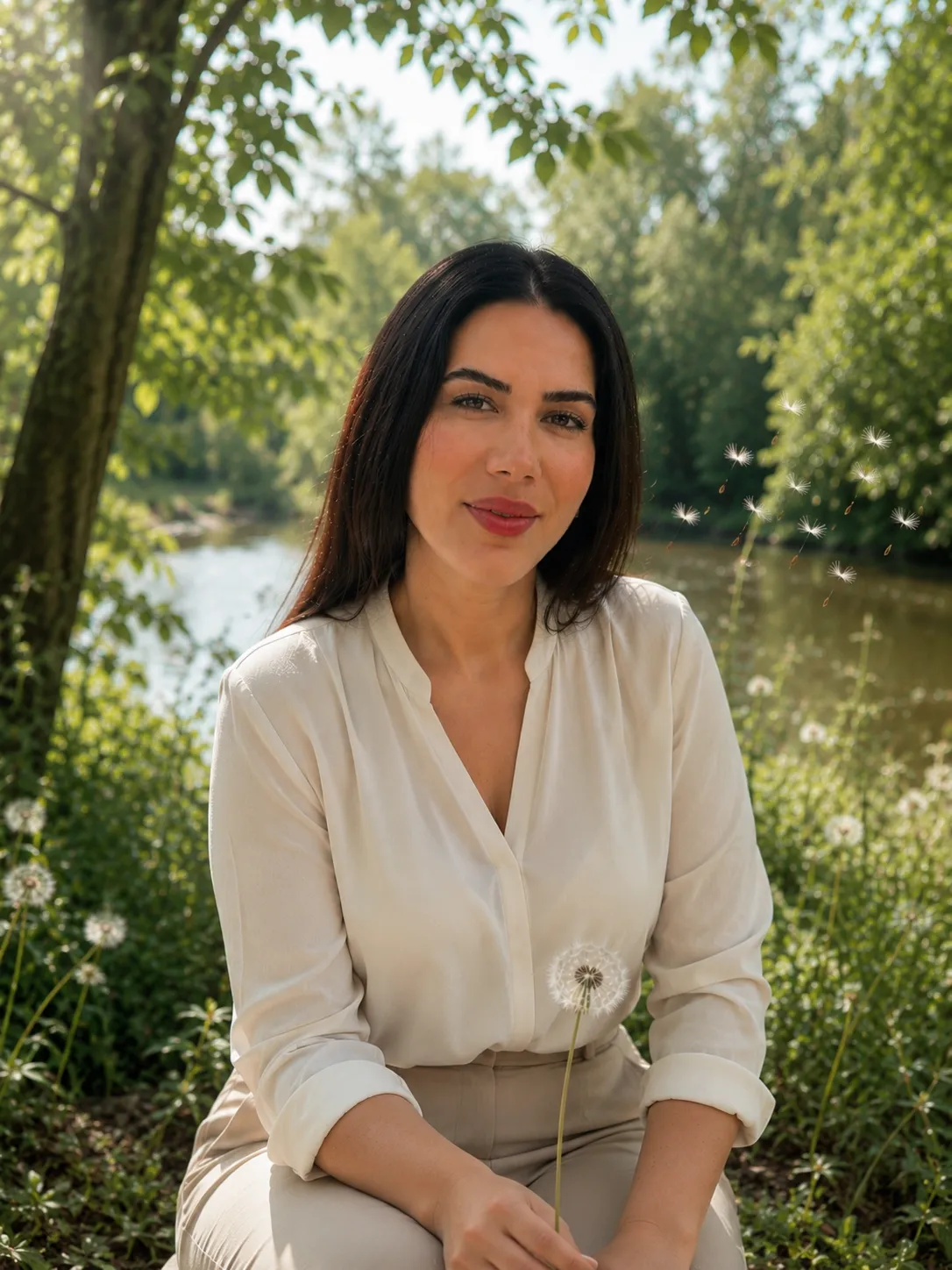 Mahsa Hamedanizadeh sitting outdoors near a river, holding a dandelion