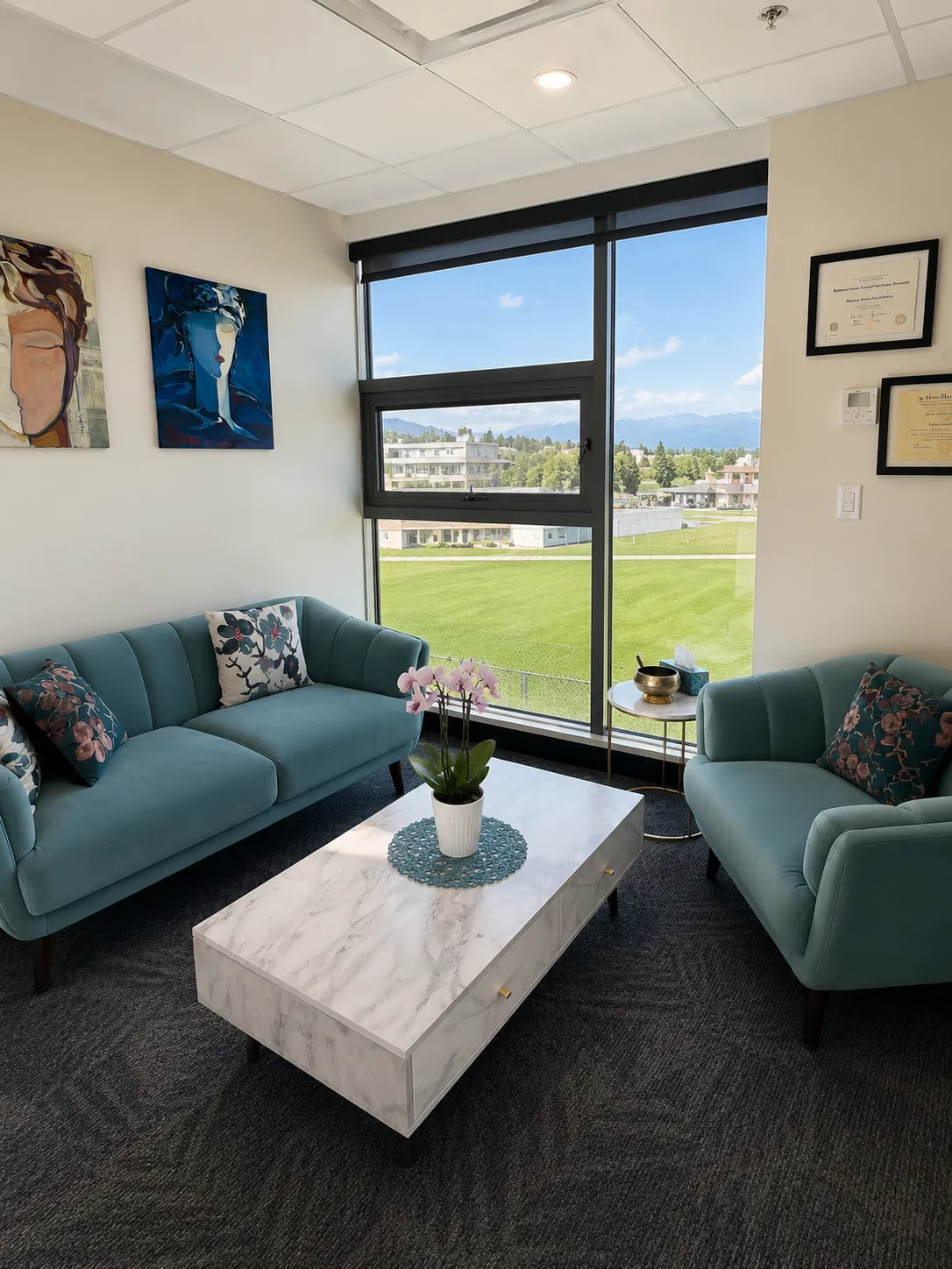 The Roma Villa Counselling office: two teal sofas, a marble coffee table with an orchid, and large windows